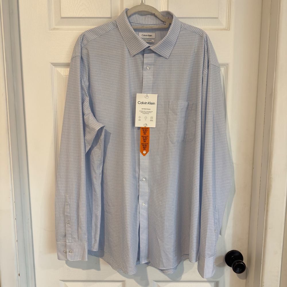 Calvin Klein Mens Regular Fit Soft Multi-Stretch Grid Button Down Shirt 2XL Blue